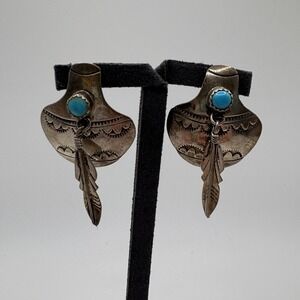 Vintage Navajo Sterling Silver Turquoise Feather Dangle Earrings Southwestern